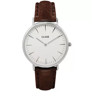 CLUSE 波西米亞銀色系列 白錶盤/棕皮革錶帶手錶38mm