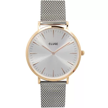 CLUSE 波西米亞不鏽鋼系列 灰錶盤/玫瑰金錶框/銀色金屬錶帶38mm