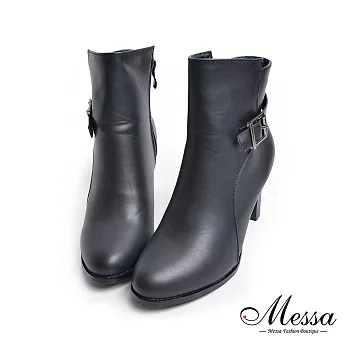 【Messa米莎專櫃女鞋】個性時尚皮帶造型素面圓頭高跟踝靴39黑色