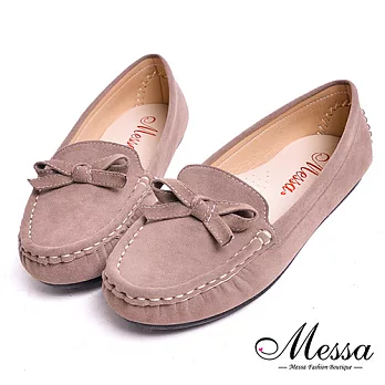 【Messa米莎專櫃女鞋】MIT俏麗好走蝴蝶結縫線造型蜜桃絨豆豆鞋39可可色