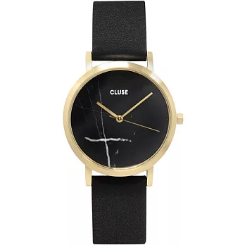 CLUSE荷蘭精品手錶 大理石系列 黑錶盤金框黑色皮革錶帶手錶33mm