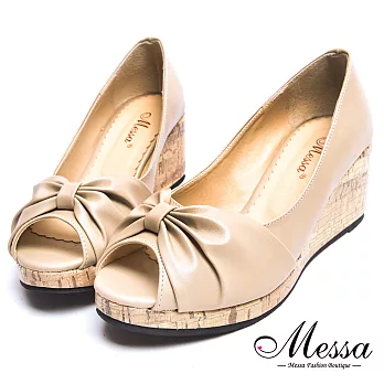 【Messa米莎專櫃女鞋】MIT優雅扭結內真皮楔型魚口鞋-米色EU37米色
