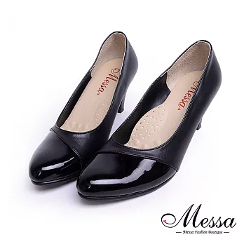 【Messa米莎專櫃女鞋】MIT法式典雅異材質內真皮高跟包鞋-黑色EU36黑色