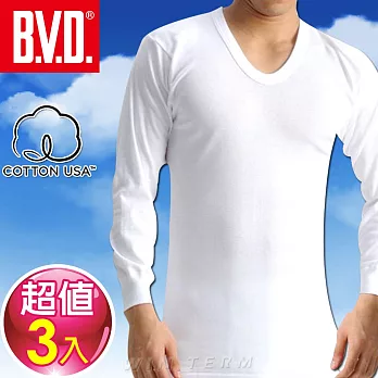BVD 100%純棉保暖U領長袖衫(3件組)-台灣製造M白