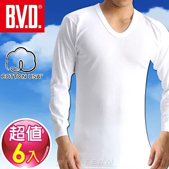 BVD 100%純棉保暖U領長袖衫(6件組)-台灣製造M白