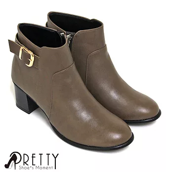 【Pretty】簡約金屬釦環側拉鍊中粗跟短靴JP23可可色