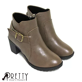 【Pretty】率性金屬飾扣側拉鍊粗高跟短靴JP23.5可可色