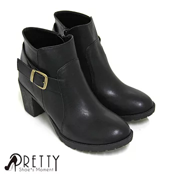 【Pretty】率性金屬飾扣側拉鍊粗高跟短靴JP23黑色