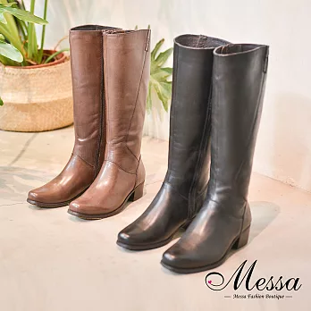 【Messa米莎專櫃女鞋】全牛皮率性木紋中跟長筒靴-二色EU35黑色
