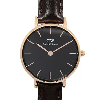 DW Daniel Wellington Classic Petite 深棕色皮革錶帶黑錶盤玫瑰金手錶/28mm