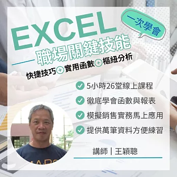 EXCEL 職場關鍵技能：快捷技巧+實用函數+樞紐分析一次學會 (影片)