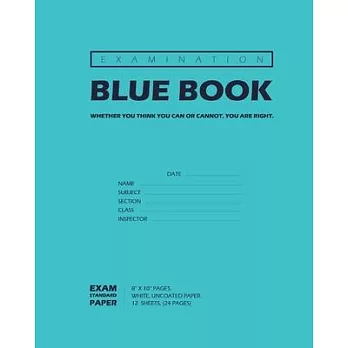 Examination Blue Book, Wide Ruled, 12 Sheets (24 Pages), Blank Lined, Write-in Booklet (Royal Blue)