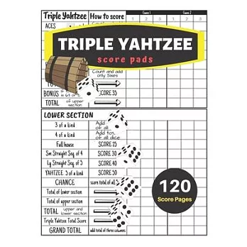Triple yahtzee score pads: V.4 Yahtzee Score Cards for Dice Yahtzee Game Set Nice Obvious Text, Large Print 8.5*11 inch, 120 Score pages