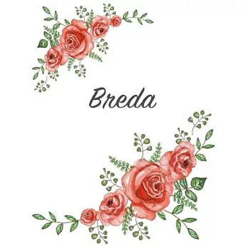 Breda: Personalized Notebook with Flowers and First Name - Floral Cover (Red Rose Blooms). College Ruled (Narrow Lined) Journ