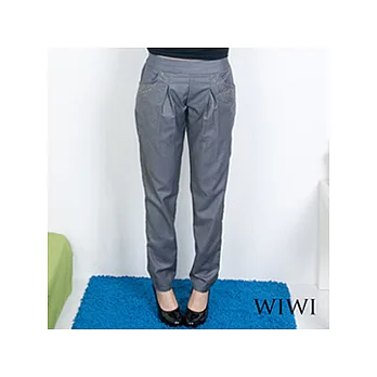 【WIWI】閃亮貼片皺褶側口袋腰鬆緊打摺長褲(灰色XL)