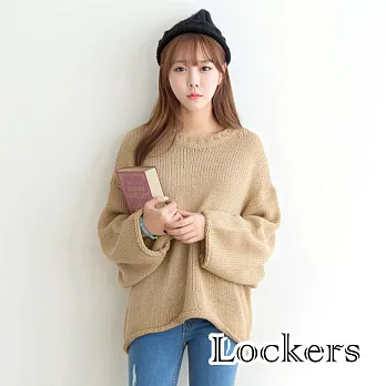 【Lockers 木櫃】寬鬆圓領長袖套頭卷邊針織毛衣/針織洋裝卡其色
