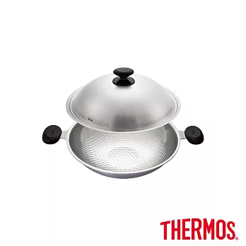 【THERMOS 膳魔師】新一代享瘦鍋 雙耳炒鍋36cm (加附電木把手1支)(WOK-36-S)不鏽鋼色