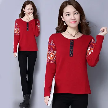 【NUMI】森-加絨加厚袖民族印花拼接上衣-共2色50494(M-2XL可選)L酒紅色