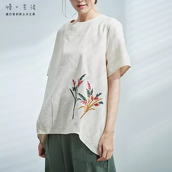 【慢。生活】紅劍花刺繡棉麻上衣-F　FREE杏