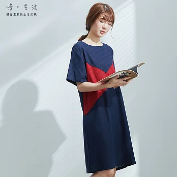 【慢。生活】撞色拼接棉麻連身裙-F　FREE藍紅