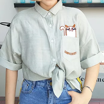 【A.Cheter】涼感貓咪刺繡口袋造型短袖襯衫100380M綠