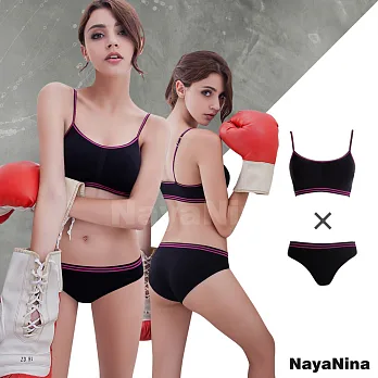【Naya Nina】超彈力無鋼圈運動內衣褲組(細肩+三角)-黑S黑