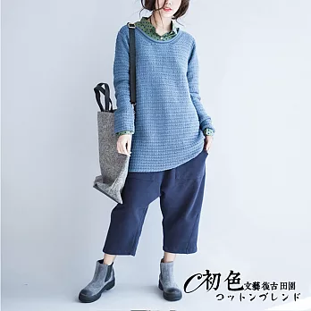 【初色】寬鬆文藝純色圓領針織衫-共2色-90284F牛仔藍