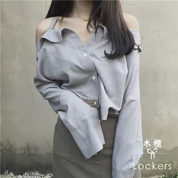 【Lockers 木櫃】chic風吊帶露肩顯瘦長袖女上衣/襯衫(灰色)