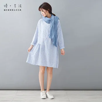 【慢。生活】解構式拼接直條連身裙-F　FREE藍直條