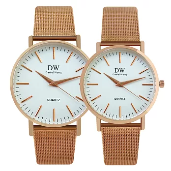 Daniel Wang DW-3192 時尚簡約氣質玫色指針優雅米蘭針織鐵帶錶 - 玫帶白面 大型