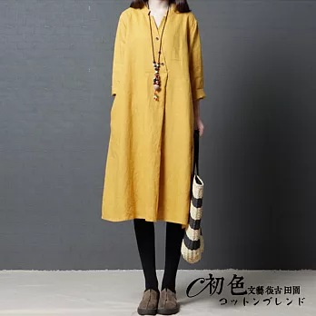【初色】時尚純色V領連衣裙-共3色-91341(M-2XL可選)L黃色