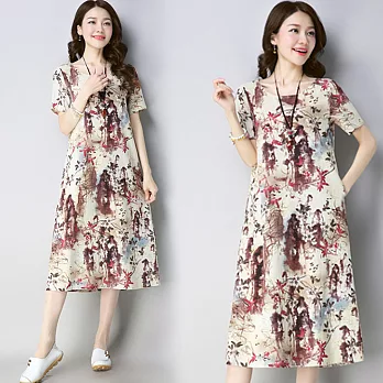 【NUMI】森-民族風圓領印花連衣裙-共3色-51807-(M-2XL可選)2XL黃色