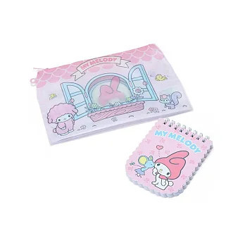 《Sanrio》美樂蒂甜蜜的家造型PVC扁平筆袋&迷你線圈便條本