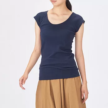 [MUJI無印良品]女有機棉針織無側縫法式袖衫/2入S深藍