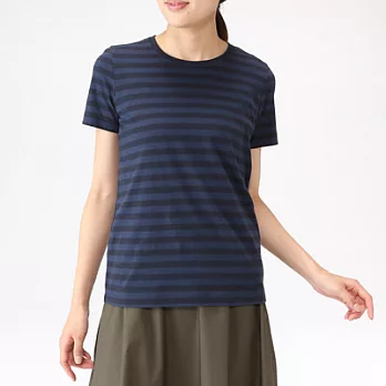 [MUJI無印良品]女有機棉圓領橫紋短袖T恤XS暗藍直紋