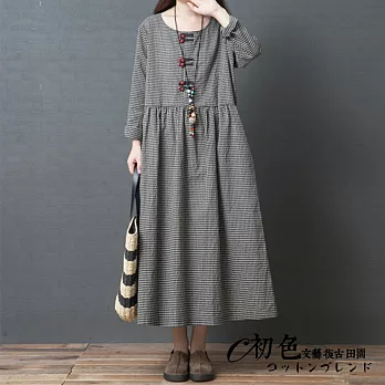 【初色】小格子盤扣連衣裙-黑格-92407(M-2XL可選)M黑格