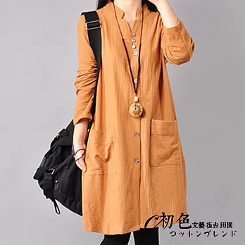 【初色】純色立領長袖連衣裙-共4色-92409(M-2XL可選)M黃色