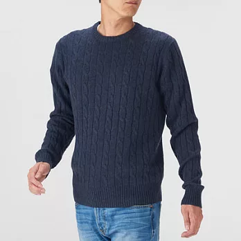[MUJI無印良品]男美麗諾羊毛麻花織紋針織衫XL深藍