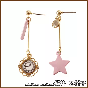 『坂井.亞希子』日系星星鐘錶造型精緻長款鑲鑽耳環 -粉色