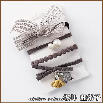 『坂井．亞希子』簡約蕾絲蝴蝶結髮圈四件套組 -灰色