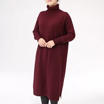 [MUJI無印良品]女不易刺癢羊毛螺紋高領洋裝M~L暗紅