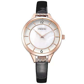 KEZZI 珂紫1428-貝殼錶盤晶鑽都會時尚手錶黑色