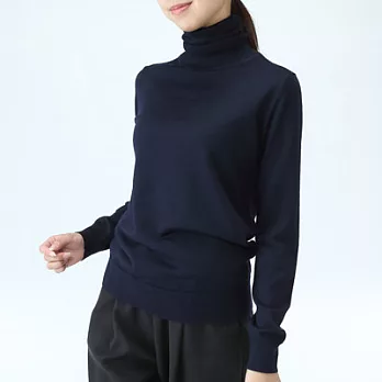 [MUJI無印良品]女不易刺癢羊毛天竺高領針織衫L深藍