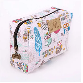 AmaZing 防水印花牛津布多功能化妝包 (9款任選)粉色貓頭鷹