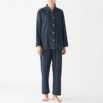 [MUJI無印良品]女有機棉無側縫二重紗織家居睡衣S深藍紋樣
