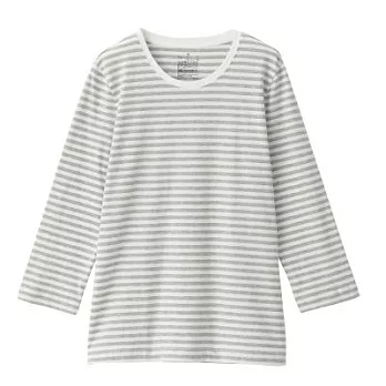 [MUJI無印良品]女印度棉天竺七分袖T恤XS淺灰紋樣