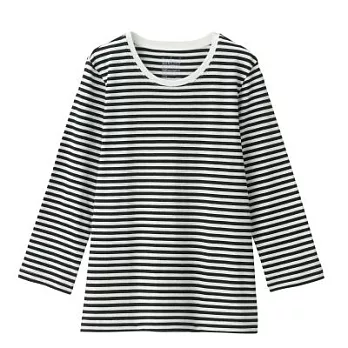 [MUJI無印良品]女印度棉天竺七分袖T恤XL黑紋樣