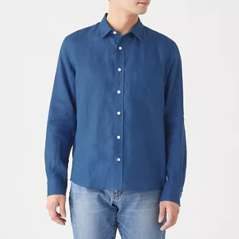 [MUJI無印良品]男法國亞麻水洗襯衫M藍色