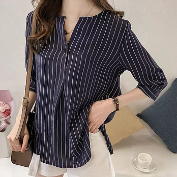 【MsMore】韓國妙齡佳人好感度知性條紋上衣#106754XL深藍