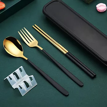 【EZlife】304不鏽鋼歐式便攜餐具四件套  金黑